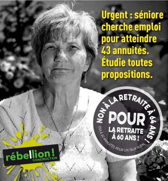 Visuel "Non à la retraite à 64 ans" avec une dame âgée cherchant du travail pour atteindre 43 annuités